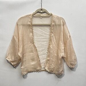 Vintage Cream Sheer Crochet-Trim Open Front Blouse